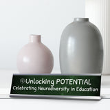 Unlocking Potential, Celebrating Neurodiversity in Education Silver Frame Desk Sign (2x8") | Classroom Special Needs Support