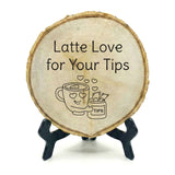 Coffee Themed Tips Rustic Wood Discs – Natural Bark-Edge with a Sleek Black Acrylic Easel