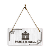 Parish Hall 5x10 Hanging Plus Wall or Door Sign | Religious Rustic Wood Sign