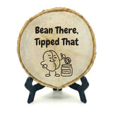 Coffee Themed Tips Rustic Wood Discs – Natural Bark-Edge with a Sleek Black Acrylic Easel