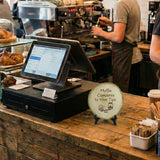 Coffee Themed Tips Rustic Wood Discs – Natural Bark-Edge with a Sleek Black Acrylic Easel
