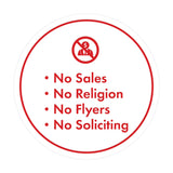 Circle No Sales, No Religion, No Flyers, No Soliciting Wall or Door Sign