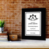 Engineering and Mechanics Theme Customizable Black Frame Award Plaque | Easel Mount Option | Recognition of Achievement and Service Personalizable Plaques