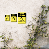 Portrait Round Plus Close The Door Children At Play Wall or Door Sign | Children Safety Signs