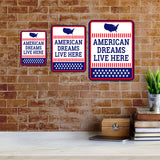 Portrait Round Plus American Dreams Live Here Door or Wall Sign | Easy Installation | Patriotic Stars and Stripes USA Pride Sign
