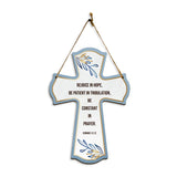 Rejoice in hope, be patient in tribulation, be constant in prayer. Romans 12:12 11.5" x 8" Cross Hanging Sign | Rustic Twine | Inspiring Religious Bible Decor