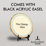 Customer Interaction Rustic Wood Discs – Natural Bark-Edge with a Sleek Black Acrylic Easel