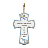 For God gave us a spirit not of fear but of power and love and self-control. Timothy 1:7 11.5" x 8" Cross Hanging Sign | Rustic Twine | Inspiring Religious Bible Decor