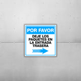 Square Plus Por Favor Dejar Los Paquetes En La Entrada Trasera Right Arrow Wall or Door Sign | Spanish | Health & Safety Warehouse Business Signage