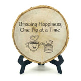 Coffee & Food Themed Tips Rustic Wood Discs – Natural Bark-Edge with a Sleek Black Acrylic Easel