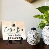 Coffee Bar. Love is Brewing Table Sign with Easel Stand, 6" x 8"