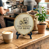 Coffee Themed Tips Rustic Wood Discs – Natural Bark-Edge with a Sleek Black Acrylic Easel
