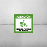 Square Plus Atención Todas Las Entregas En La Parte Trasera Del Edificio Wall or Door Sign | Spanish | Health & Safety Warehouse Business Signage