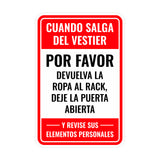 Portrait Round Plus Cuando Salga del Vestier Por Favor Devuelva La Ropa Al Rack, Deje La Puerta Abierta Y Revise Sus Elementos Personales Wall or Door Sign | Spanish Dressing Room Retailer Signage