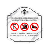 Heritage Plus No Unauthorized Recording or Photography Allowed No Se Permiten Grabaciones Ni Fotografías No Autorizadas Wall or Door Sign | Bilingual Signage