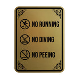 Signs ByLITA Portrait Round No Running, No Diving, No Peeing Door or Wall Sign | Easy Installation | Elegant Design | Pool Safety