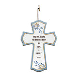 “And now, O Lord, for what do I wait? My hope is in you." Psalm 39:7 11.5" x 8" Cross Hanging Sign | Rustic Twine | Inspiring Religious Bible Decor