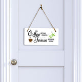 Coffee Gets Me Started Jesus Keeps Me Going 5" x 10" Hanging Wall or Door Sign | Funny Coffee Home & Office Decor