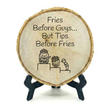 Coffee & Food Themed Tips Rustic Wood Discs – Natural Bark-Edge with a Sleek Black Acrylic Easel