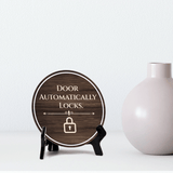 Door Automatically Locks Circle Table Sign with Acrylic Stand (5x5") | Patron Guest Comfort and Safety Sign