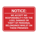 Signs ByLITA Classic Framed Notice: We Accept No Responsibility For The Loss, Damage or Theft of Personal Belongings Whilst On These Premises Door or Wall Sign Easy Installation | Warning Health & Safety | Office & Venues