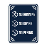 Signs ByLITA Portrait Round No Running, No Diving, No Peeing Door or Wall Sign | Easy Installation | Elegant Design | Pool Safety