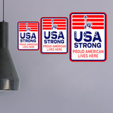 Portrait Round Plus USA Strong: Proud American Lives Here Door or Wall Sign | Easy Installation | Patriotic Stars and Stripes USA Pride Sign