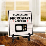 Please Clean Microwave After Use 5"x 5" Square Table Sign With Acrylic Easel | Home & Office Decor