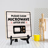 Please Clean Microwave After Use 5"x 5" Square Table Sign With Acrylic Easel | Home & Office Decor