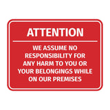Signs ByLITA Classic Framed Attention - We assume no responsibility for any harm to you or your belongings while on our premises Door or Wall Sign Easy Installation | Warning Health & Safety | Office & Venues