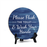Round Please Flush The Toilet & Wash Your Hands, Decorative Bathroom Table Sign with Acrylic Easel (5 x 5")