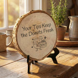 Coffee & Food Themed Tips Rustic Wood Discs – Natural Bark-Edge with a Sleek Black Acrylic Easel