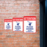 Portrait Round Plus Attention Please Shower Before Entering Pool Wall or Door Sign | Indoor Gym Signage