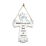 Hatred stirs up strife, but love covers all offenses Proverbs 10:12 11.5" x 8" Cross Hanging Sign | Rustic Twine | Inspiring Religious Bible Decor