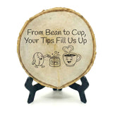 Coffee & Food Themed Tips Rustic Wood Discs – Natural Bark-Edge with a Sleek Black Acrylic Easel