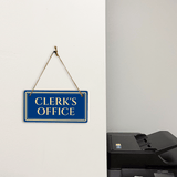 Clerk's Office 5" x 10" Hanging Wall or Door Sign | Legal and Court House Rustic Twine Signage