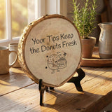Coffee & Food Themed Tips Rustic Wood Discs – Natural Bark-Edge with a Sleek Black Acrylic Easel
