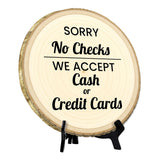 Customer Interaction Rustic Wood Discs – Natural Bark-Edge with a Sleek Black Acrylic Easel