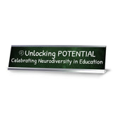 Unlocking Potential, Celebrating Neurodiversity in Education Silver Frame Desk Sign (2x8") | Classroom Special Needs Support