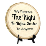 Customer Interaction Rustic Wood Discs – Natural Bark-Edge with a Sleek Black Acrylic Easel