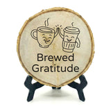 Coffee Themed Tips Rustic Wood Discs – Natural Bark-Edge with a Sleek Black Acrylic Easel