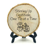 Coffee & Food Themed Tips Rustic Wood Discs – Natural Bark-Edge with a Sleek Black Acrylic Easel