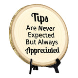 Customer Interaction Rustic Wood Discs – Natural Bark-Edge with a Sleek Black Acrylic Easel
