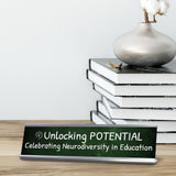 Unlocking Potential, Celebrating Neurodiversity in Education Silver Frame Desk Sign (2x8") | Classroom Special Needs Support