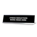 Stress Reduction Bang Head Here Silver Frame Desk Sign (2x8") | Durable Plate | Strong Frame | Return To Work Sarcastic Funny Desk Sign | Ideal Co-worker or Family Gift