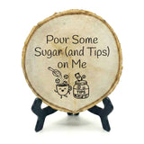Coffee Themed Tips Rustic Wood Discs – Natural Bark-Edge with a Sleek Black Acrylic Easel