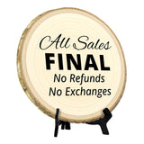 Customer Interaction Rustic Wood Discs – Natural Bark-Edge with a Sleek Black Acrylic Easel
