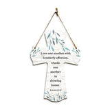 Love one another with brotherly affection. Outdo one another in showing honor. Romans 12:10 11.5" x 8" Cross Hanging Sign | Rustic Twine | Inspiring Religious Bible Decor