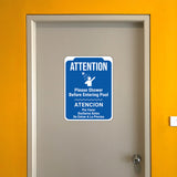 Portrait Round Plus Attention Please Shower Before Entering Pool Atencion Por Favor Ducharse Antes De Entrar A La Piscina Wall or Door Sign | Indoor Gym Signage