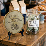 Coffee & Food Themed Tips Rustic Wood Discs – Natural Bark-Edge with a Sleek Black Acrylic Easel
